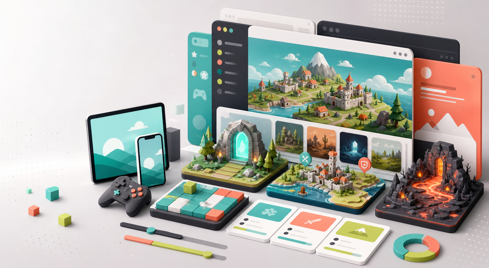 Editorial illustration of browser gaming worlds, comparison cards, and device screens